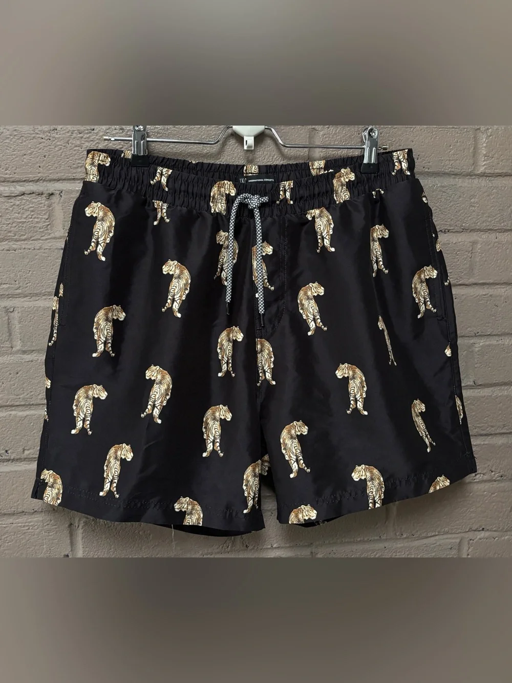 INC tiger, print black swim trunks M